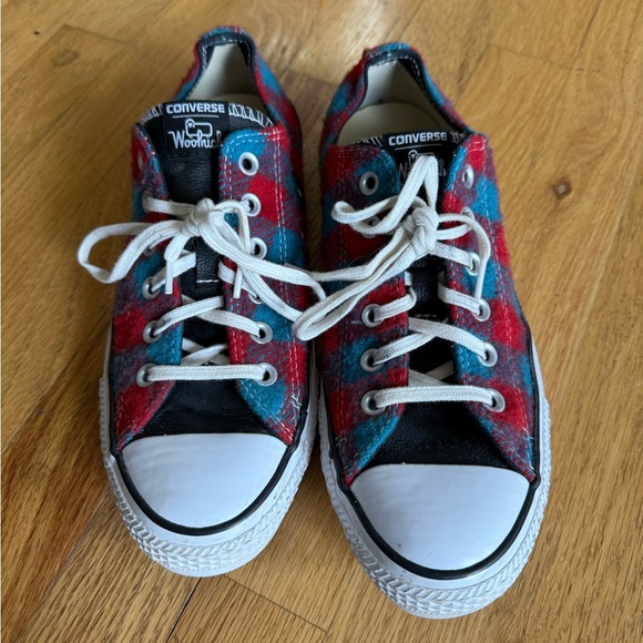 Converse Red/Turquoise Plaid Sneakers w/Leather Look Black Tongue in Size 8W/6M - Picture 2 of 8